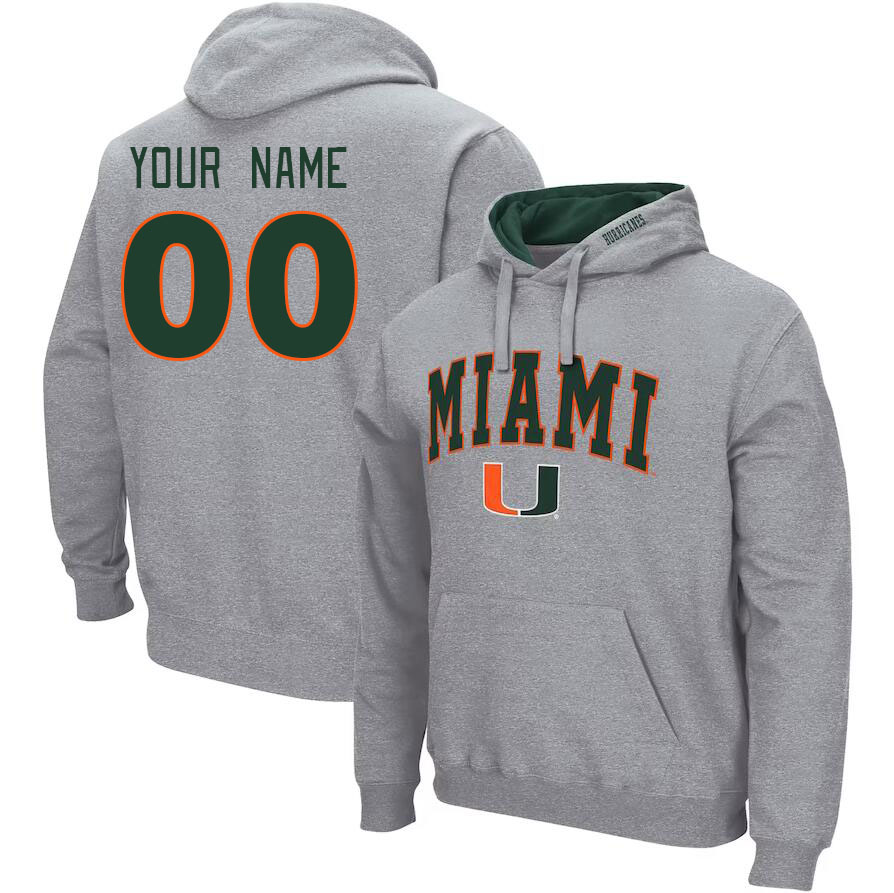Custom Miami Hurricanes Name And Number College Hoodie-Gray